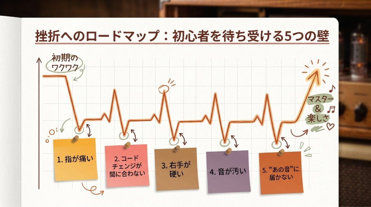 挫折へのロードマップ。初心者を待ち受ける5つの壁:①指が痛い ②コードチェンジが間に合わない ③右手が硬い ④音が汚い ⑤あの音に届かない