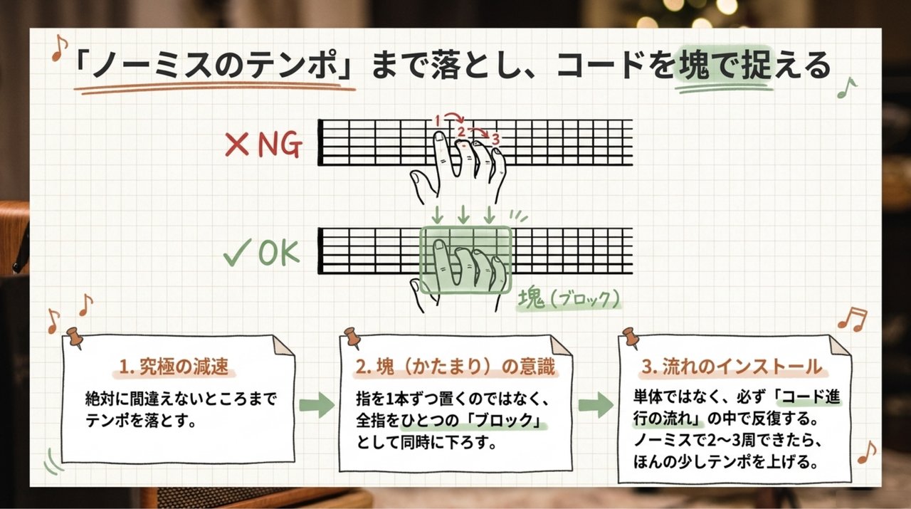 「ノーミスのテンポ」まで落とし、コードを塊で捉える。①究極の減速 ②塊(ブロック)の意識 ③流れのインストール