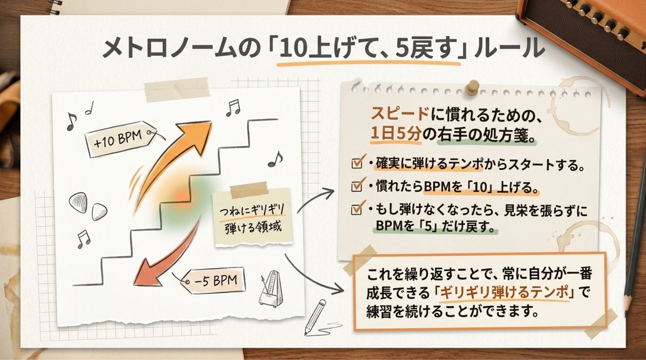 メトロノームの「10上げて、5戻す」ルール。つねにギリギリ弾ける領域で練習を続けられる