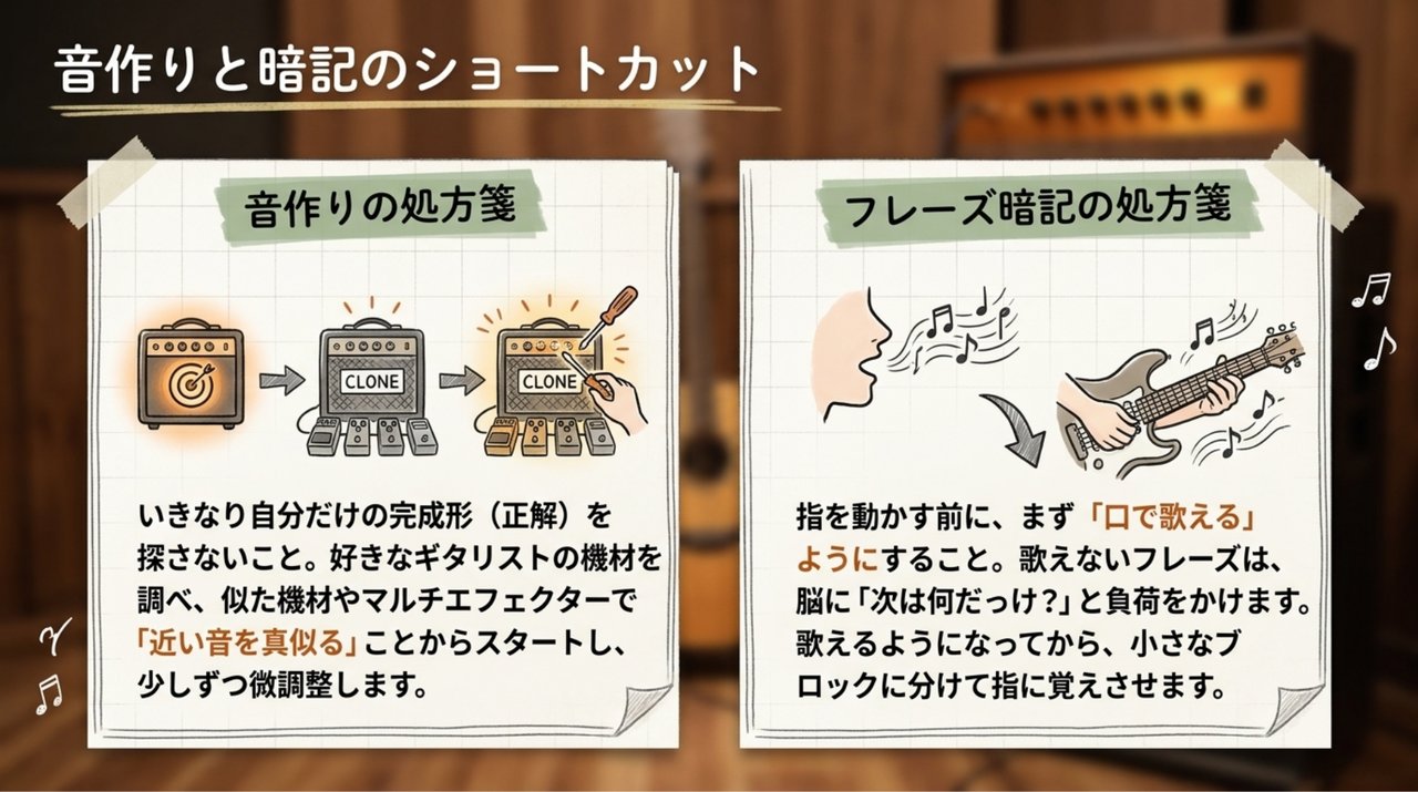音作りと暗記のショートカット。音作りは好きなギタリストの機材を調べ「近い音を真似る」ことから。暗記は指を動かす前に「口で歌える」ようにしてから小さなブロックに分ける