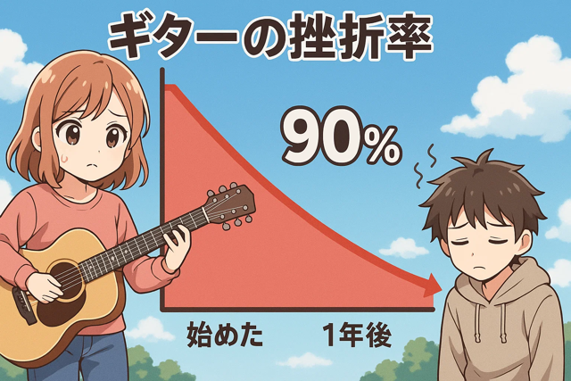 ギターを持ったまま悩んでいる人物と、その横に大きく『挫折率90%』と書かれた円グラフ
