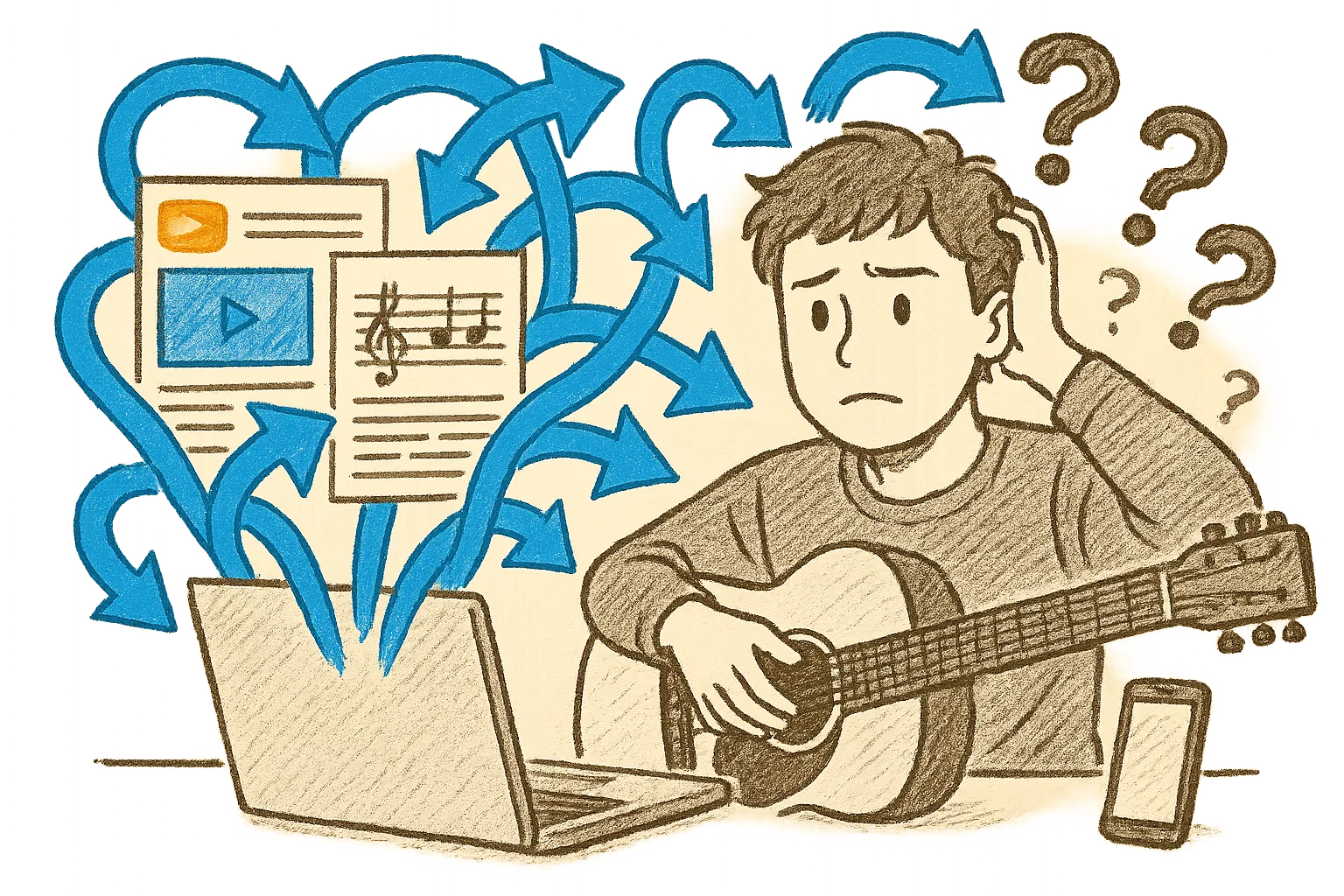 情報の多さに混乱する人のイラスト