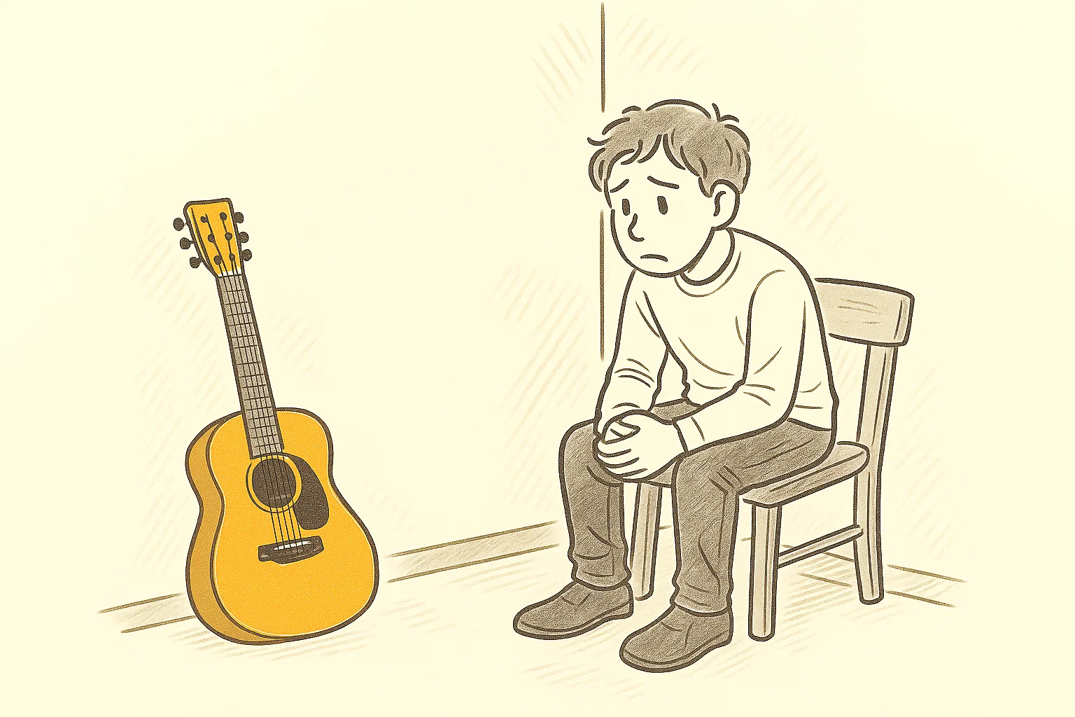 ギターを見て挫折を思い出す人のイラスト