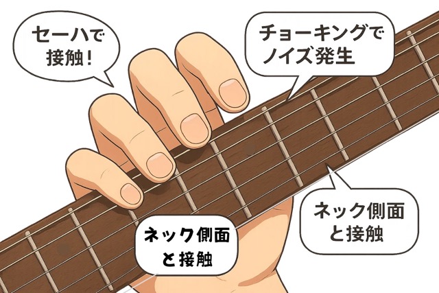 ギター演奏における指輪の影響(左手)の図解