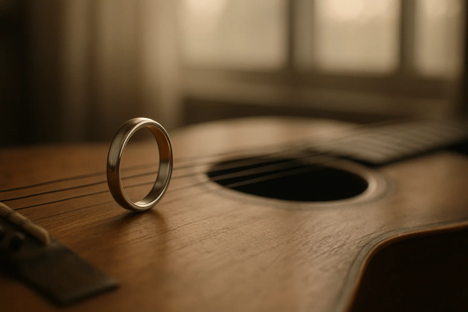 アコースティックギターの上に置かれた結婚指輪