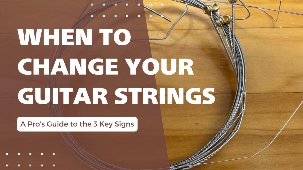 Close-up of old, worn-out strings on an acoustic guitar, showing a key sign that it's time for a change.