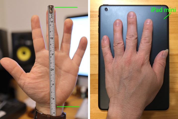 手のサイズをiPad miniと比べている画像